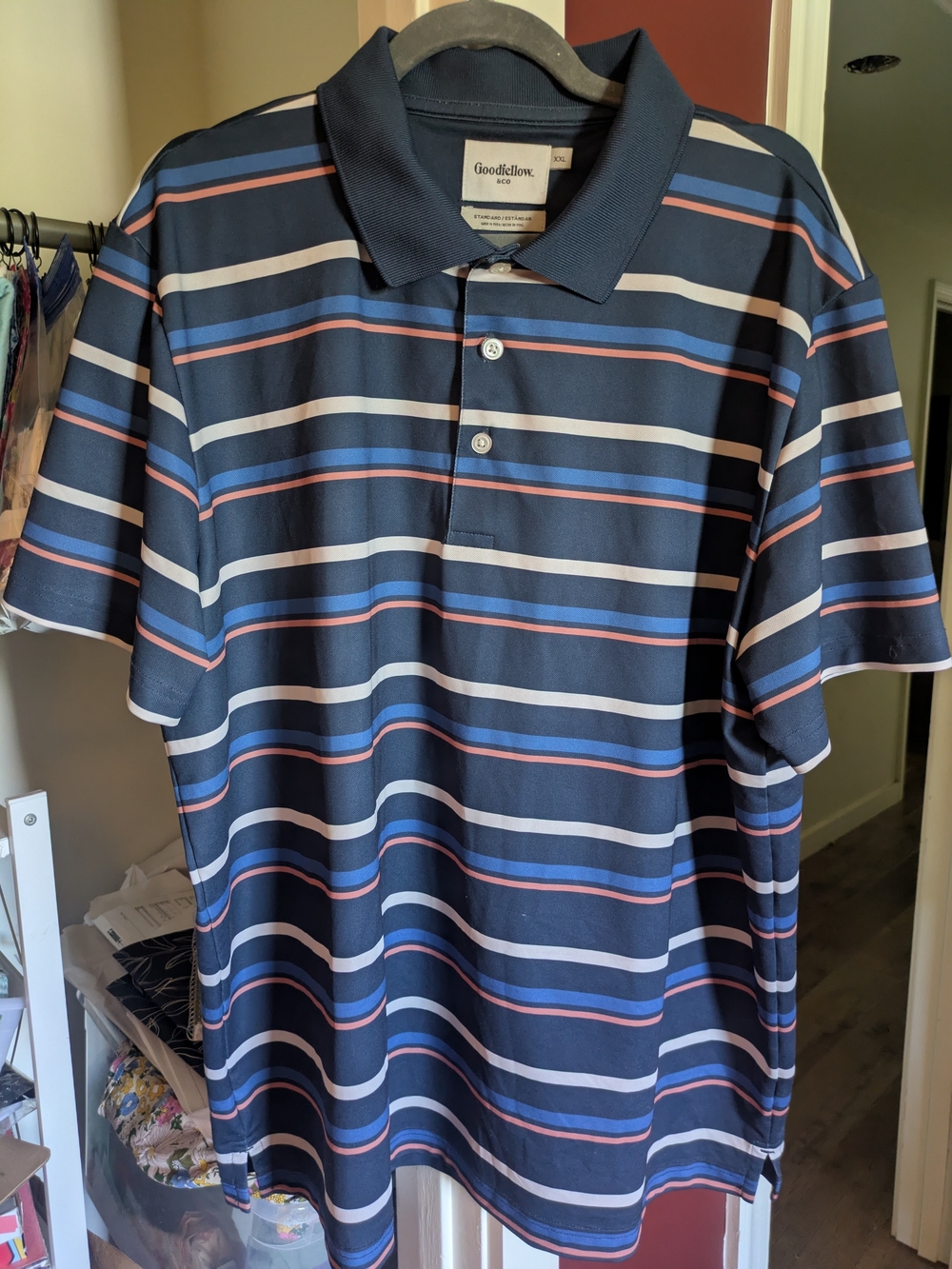 Goodfellow & Co Navy Polo with Blue, White & Coral Stripes, Men's XXL